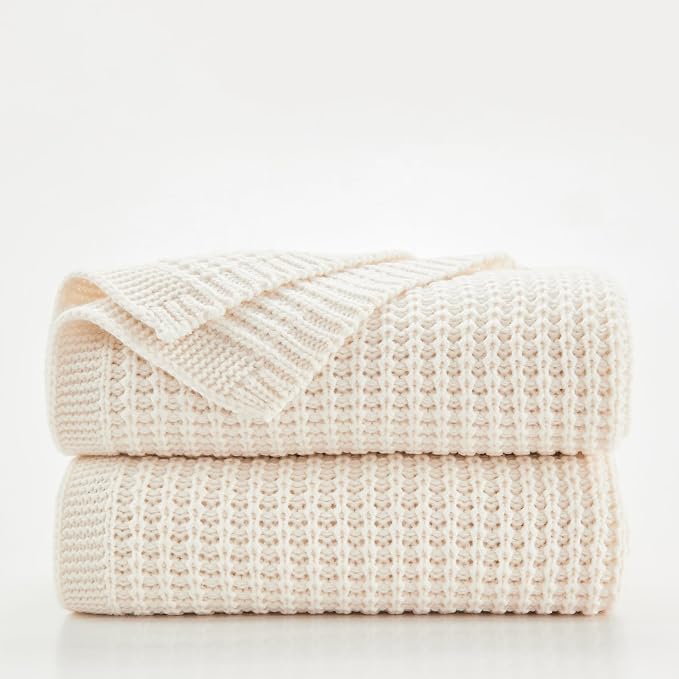 Douceur Cream Throw Blanket for Couch, Soft Chunky Cable Knit Throw Blanket, Classic Fisherman's Rib Stitch Pattern Throw for Living Room,50"X60"