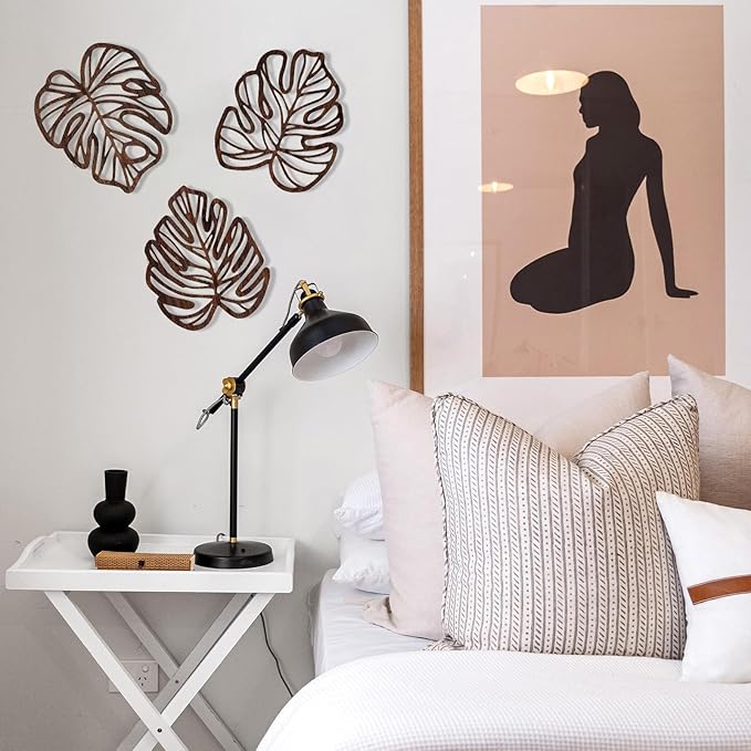 Palm Leaves Wood Wall Decor , 3Pcs Tropical Wall Art Jungle Decor, Wooden Natural Leaves Plant Wall Decor, Vintage Tropical Plant Plaque for Home Living Room Kitchen Bedroom Bathroom & Garden, Brown