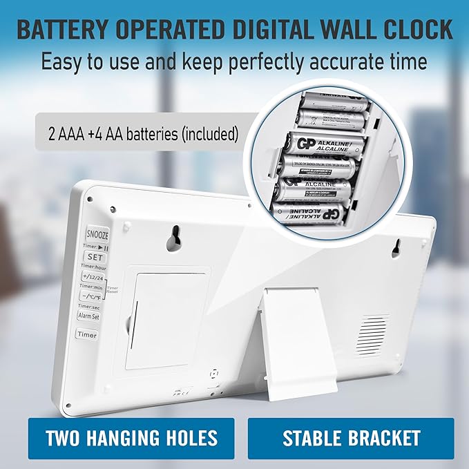 TXL 18.44" Large Amotic Digital Wall Clock with Backlight, Battery Operated Alarm Clock with Day, Date & Temperature, Jumbo Display Digital Count Up Down Timer Clock for Hoom,Classroom Room,Office