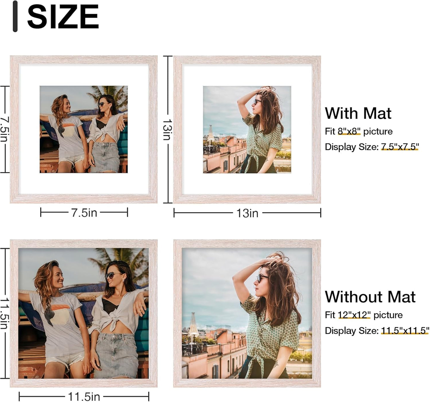 Vittanly 12x12 Picture Frames Set of 9, Shatter Resistant Plexiglass, Display 8x8 Pictures with Mat or 12x12 without Mat, Photo Frames for Wall Mount, Engineered Wood, Rustic Pink