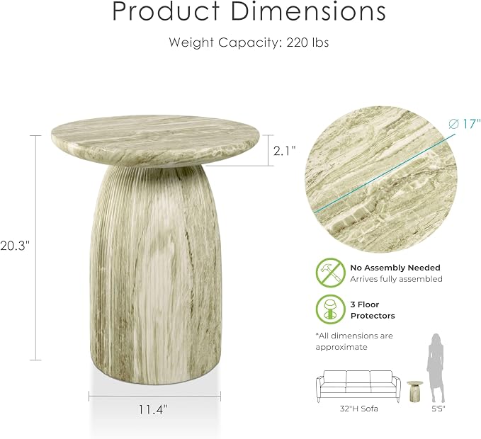24/7 Shop at Home Ranera Modern 17-inch Natural Stone Side Table with Round Pedestal Base, Marble Nightstand, Fluted Patio End Table, for Living Room, Covered Outdoor Spaces, Balcony, Green Travertine