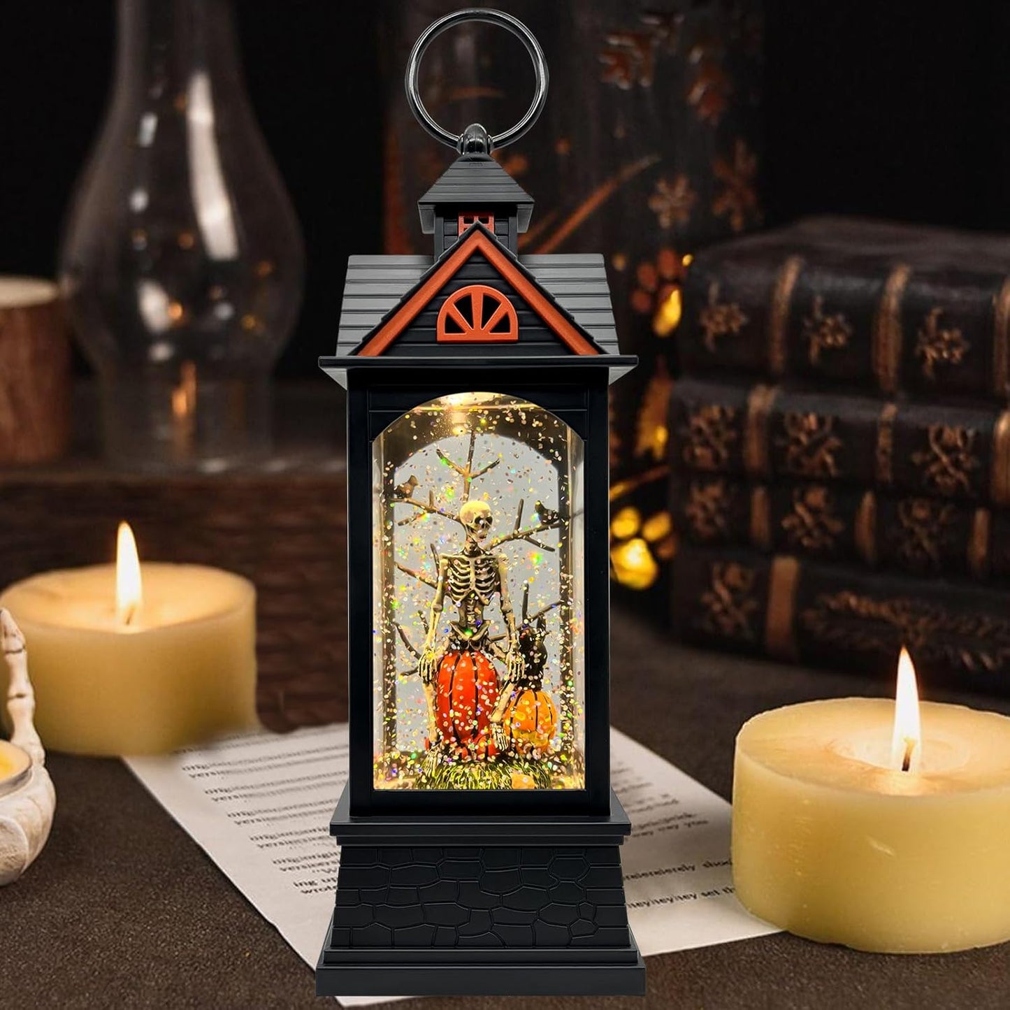 Halloween Snow Globe Lantern with 6 Hour Timer,Halloween Decorations Indoor for Home,Halloween Decor,USB or Battery Powered for Halloween Lanterns,Halloween Skeleton-B