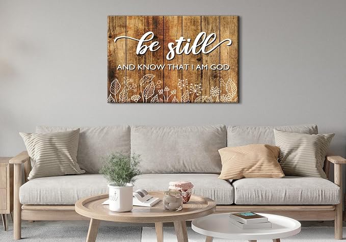 Farmhouse Christian Wall Art for Living Room Rustic Vintage Religious Bible Verse Picture Be Still and Know That I Am God Posters Canvas Prints Framed Artwork Bedroom Kitchen Home Decorations 32x48