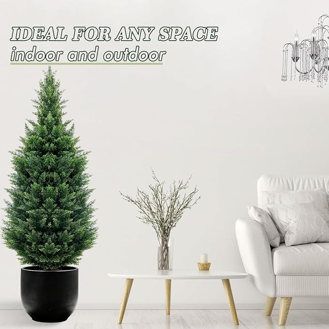 4Ft Artificial Cedar Topiary Trees (4-Pack) - UV Resistant Fake Shrubs with Ground Spike for Outdoor & Indoor Use, Front Porch, Garden Decor