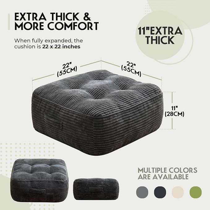 11" Thick Washable Floor Pillow for Adults, Yoga & Meditation Cushion with Handle, Square Large Pillows Seating with Removable Tufted Corduroy Cover for Tatami Living Room Board Games, Dark Gray