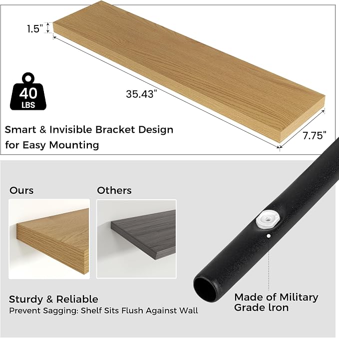 Venusmiles 36" Wide x 8" Deep Floating Shelves for Wall, Oak Finish, 2-Pack | Engineered Wood Wall Shelves with Invisible Brackets for Living Room, Bedroom, Bathroom, Office & Kitchen Storage