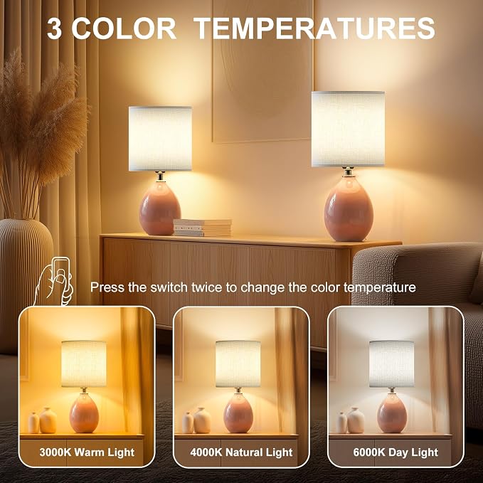 Dawnwake 18.5" Table Lamps Set of 2 for Living Room Bedroom, Bedside Lamps for Night Stands, Desk Nightstand Lamp Dimmable, Modern Linen Ceramic Lamps，Pink