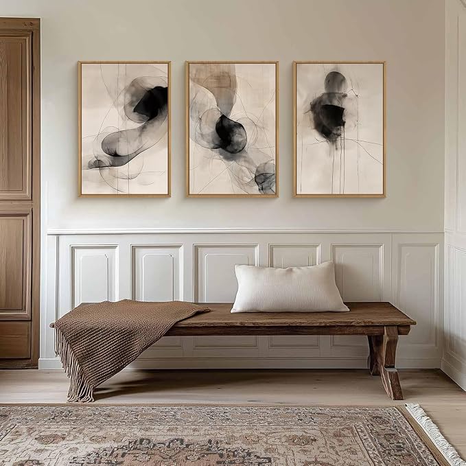 HPNIUB Abstract Beige Framed Wall Art Set,Neutral Black Ink Line Wall Decor,Boho Geometric Line Art Print,Watercolor Minimalist Textured Brown Artwork for Living Room,Bedroom,Office -16''x24''x3