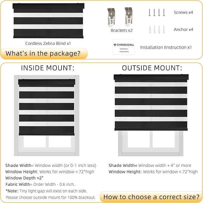 ChrisDowa Cordless Zebra Blinds for Windows, Dual Layer Free-Stop Light Filtering Window Roller Shades, Pull Down Privacy Zebra Shades for Home, Office, Bedroom, Door (30" W x 72" H, Black)