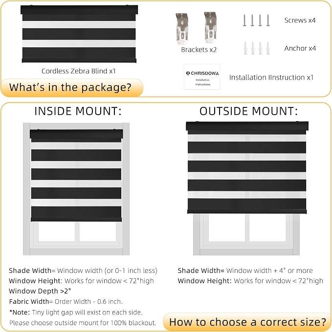 ChrisDowa Cordless Zebra Blinds for Windows, Dual Layer Free-Stop Light Filtering Window Roller Shades, Pull Down Privacy Zebra Shades for Home, Office, Bedroom, Door (57" W x 72" H, Black)