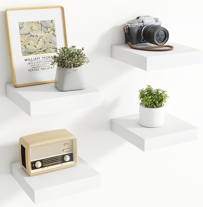 Axeman Square Floating Shelves for Wall, 8" W x 8" D x 1.4" H Rustic Wooden Shelves, 4 Pack Wall Mounted Floating Shelf with Invisible Brackets for Living Room, Bathroom, Kitchen, White Color