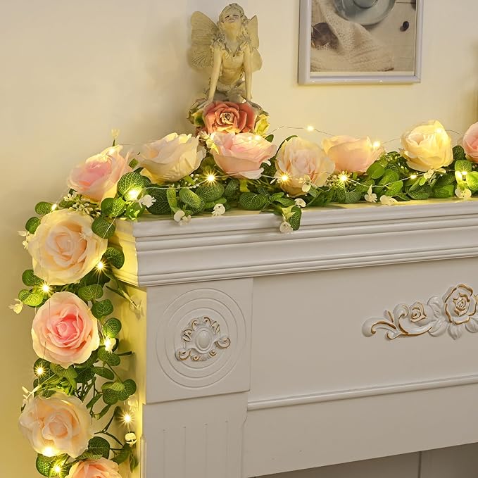 Dolicer 2Pcs Artificial Eucalyptus Garlands with Flowers - 8 Roses, Faux Floral Greenery Garlands Fake Flower Vines for Wedding Table Centerpieces Arch Party Decor (Pink)