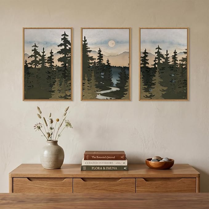 HPNIUB Woodcut Style Mountain Framed Wall Art Set,Vintage Pine Tree Wall Decor,Boho Sunset Nature Art Print,Wilderness Forest Artwork for Living Room, Bedroom,Dining Room,Office-16''x24''x3