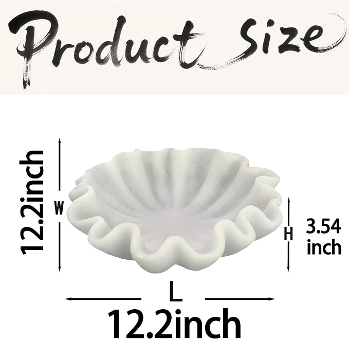 12" Large Handmade Decorative Bowl decor , Handicraft Scalloped Bowls for Modern Home Decor,Ruffle Decor,Key Bowl for Entry Table,Decorative Fruit Bowl for Kitchen Counter,Artificial Stone Milky White