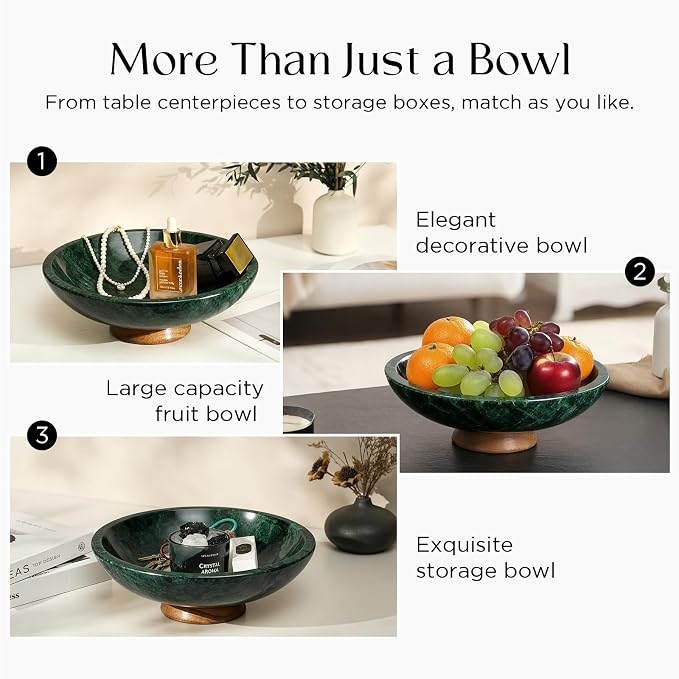 SAMAH Green Marble Fruit Bowl with Acacia Wood Pedestal, Large Decorative Footed Bowl, Natural Stone Centerpiece for Kitchen Counter, Entryway, Keys, Dining Table, House Warming Gifts New Home(11Inch)