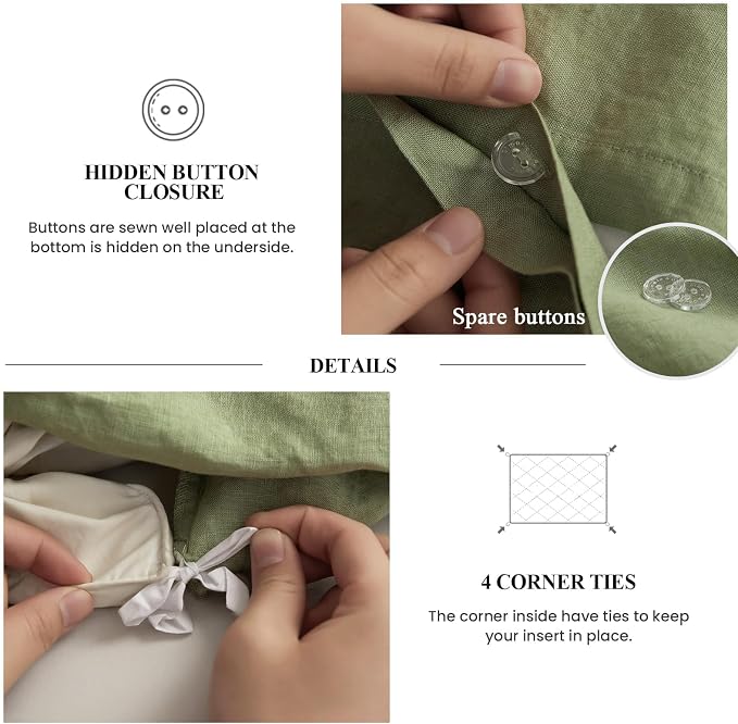 Simple&Opulence 100% Linen Duvet Cover Set, 3 PCS Natural French Flax Sage Green Ruffle Duvet Cover Queen Size, Breathable Comfy Linen Bedding Comforter Cover with 2 Pillowcases(Sage Green, 88" X 92")