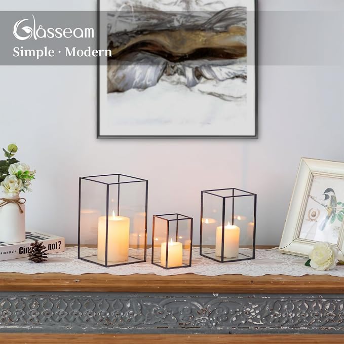 Glasseam Hurricane Glass Candle Holder, Black Candle Holders Set of 3, Square Metal Modern Candle Holder, Modern Large Candle Holders for Table Centerpiece Wedding Christmas Decorative