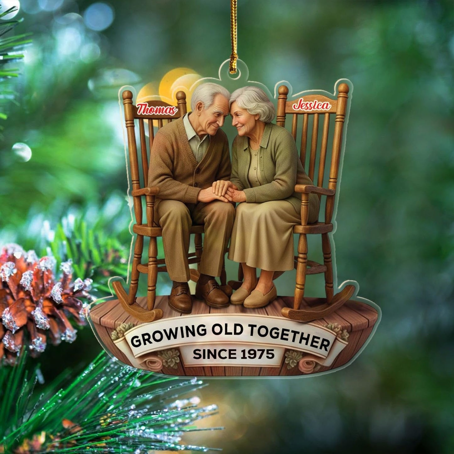 Personalized Growing Old Together Christmas Ornament 2025, Old Couple Sitting On Rocking Chairs Shaped Ornament Gift for Parents Grandparents,Custom Text Name Mr Mrs Ornaments for Wedding Anniversary