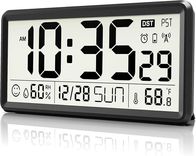 EASYERA 15'' Large Digital Wall Clock Battery Operated, Atomic Clock with Indoor Temperature and Humidity, Self-Setting with Auto DST, for Kitchen, Classroom, Living Room (Batteries Not Included)
