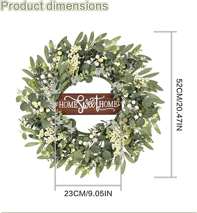 Artificial Eucalyptus Wreaths for Front Door, Spring Summer Wreath with Welcome Home Sign, Olives Leaves, Mixed Berries for Indoor Outdoor Farmhouse Porch Wall Window Festival Décor 20 Inch