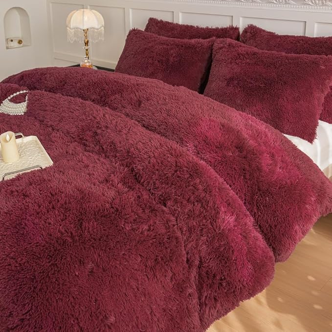 chovy Faux Fur Plush Wine Red Comforter Sets Twin/Full Size - Ultra Soft Shaggy Flannel Velvet Fluffy Fuzzy 3PC Bedding Set (Comforter x 1 Pillowcases x 2)