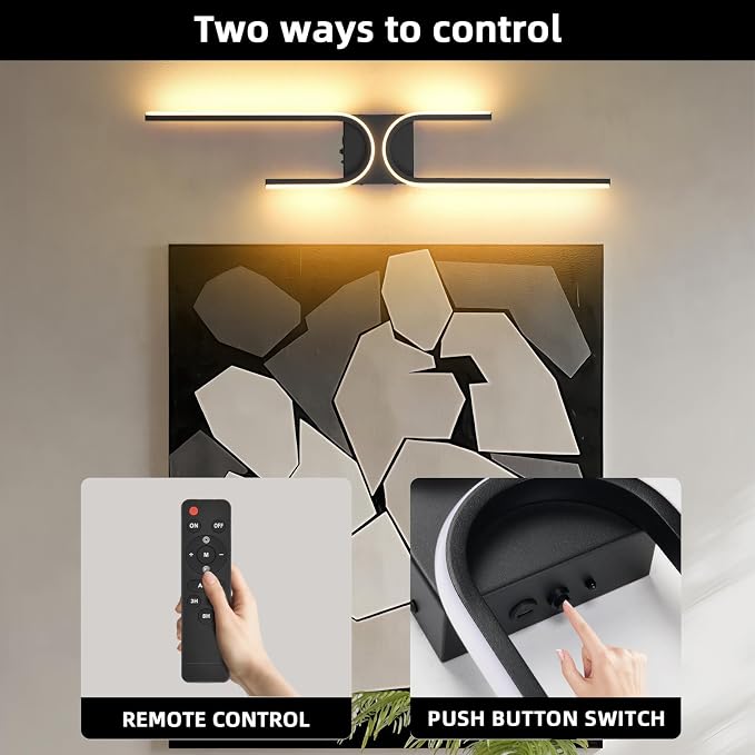 Battery Operated Wall Sconce with Remote Control, USB Rechargeable Wireless Wall Sconce Set of 2, LED Dimmable Wall lamp, 3 Color/Timer/Memory, Black Wall lights for Bedroom Living Room, 31.5 "