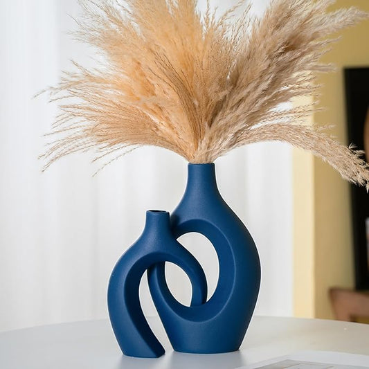 Lvases Snuggle Hollow Ceramic Vase Set of 2, 11Inch Nordic Modern Boho ins Style Decorative Ceramic Aesthetic Flower Vases for Home Decor Living Room Shelf Table Decorative (Matte Navy Blue)