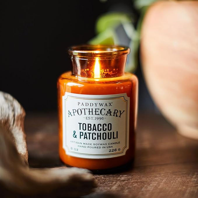 Paddywax Artisan Apothecary Scented Candle with Lid in Reusable Glass Jar, Clean-Burn Soy Candle with Approx. 54 Hour Burn Time, Tobacco & Patchouli, 8 oz.