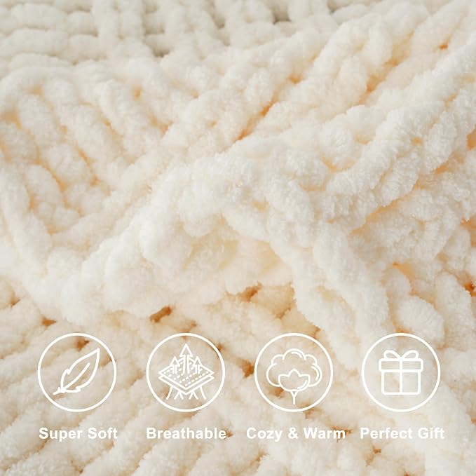 Battilo Chunky Knit Throw Blanket for Couch, 50"x60", White Cream | Hand Knit with Chunky Yarn, Gift blanket, Light Color, Cozy Warm Thick Soft Chenille Throw Blanket for Bed, Sofa, Living Room