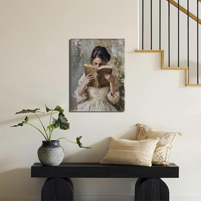 Vintage Victorian Woman Reading Book Wall Art Light Academia Wall Decor Paintings Picture Moody Girl Aesthetic Poster Canvas Print for Bedroom Living Room Dorm Library Nook 12x16Inch Framed