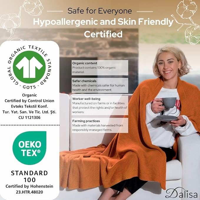 Dalisa 100% Organic Turkish Cotton Throw Blanket, GOTS Certified Cotton Blanket for Couch, Bed & Home Décor, Vintage Knit Design, Harvest Pumpkin, 80 x 90 in