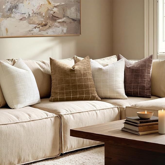 MIULEE Decorative Chenille Check Throw Pillow Covers Vintage Plaid Couch Pillows 20x20 Inch Set of 2 Neutral Boho Farmhouse Cushion Covers Modern Home Decor for Sofa Bed Living Room Toffee