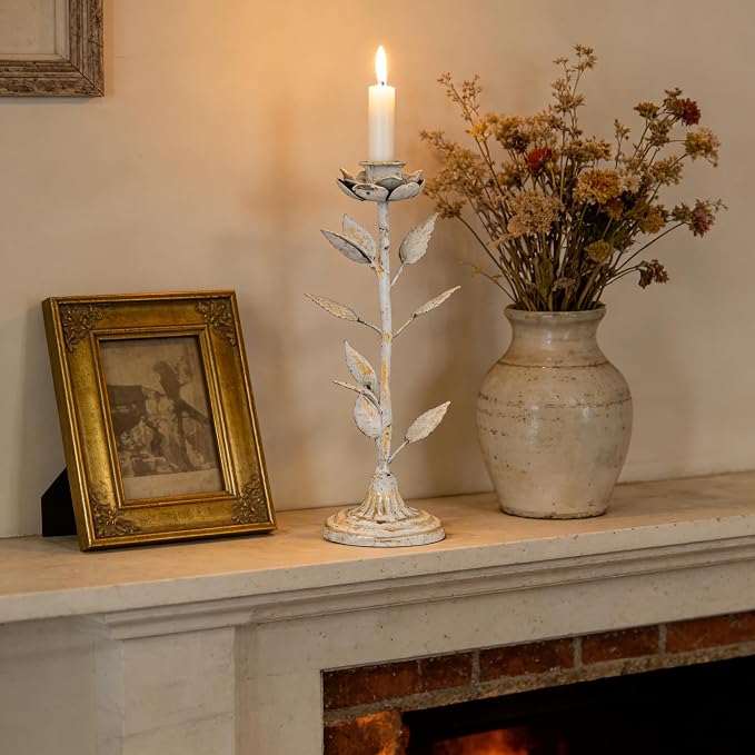 2-Piece Vintage Rose Taper Candle Holders, Distressed Distressed White & Gold Metal Candlestick Stands with Pink Floral Design, 12.2" Tall Rustic Farmhouse Tabletop Decor for Wedding, Dining & Home
