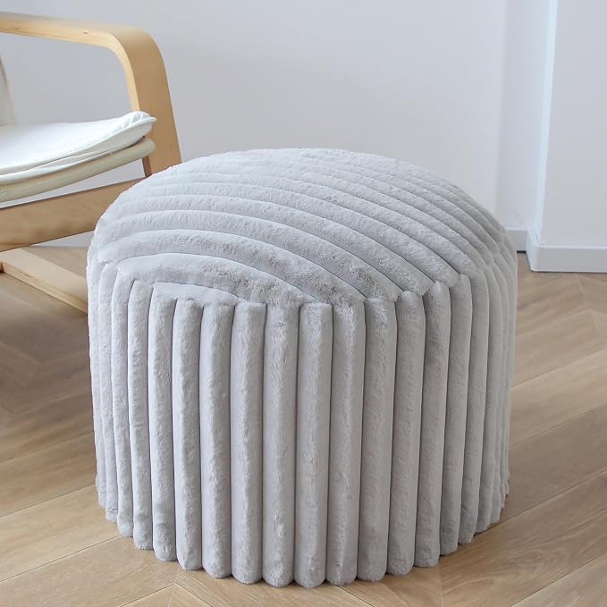 Round Stuffed Pouf Ottoman, Stripe Faux Fur Footrest, Solid Block Support+Soft Cushion Comfort, Removable Washable Cover, 20" Floor Pouf for Living Room Bedroom Dorm Vanity Under Desk, Gray