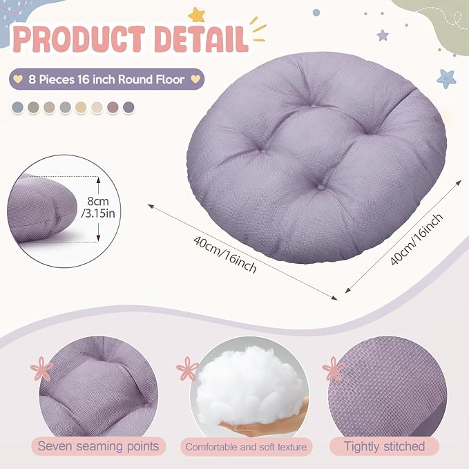 Fumete 8 Pcs 16 Inch Floor Cushions Pillow for Kids Bulk Classroom Round Flexible Seating Floor Cushions for Students Home Daycare School Reading Corner Yoga Meditation Picnic (Morandi)