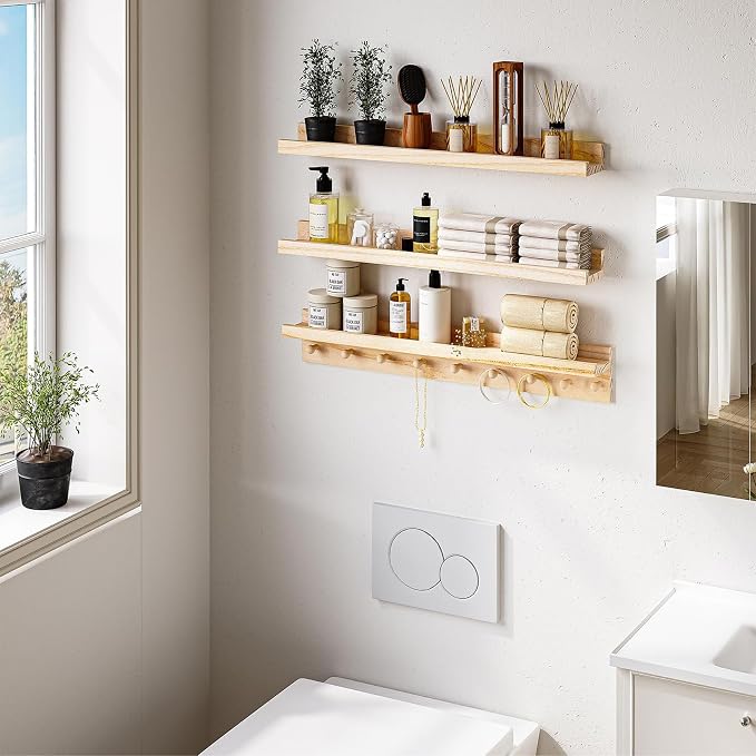 MBYD Natural Wood Shelf with Hooks, Floating Shelves for Wall Bathroom Shelves, Wall Mounted Nursery Bookshelf for Kids Room, Toy Storage Shelf for Bedroom Picture Ledge Shelves (Natural, 36 Inch)