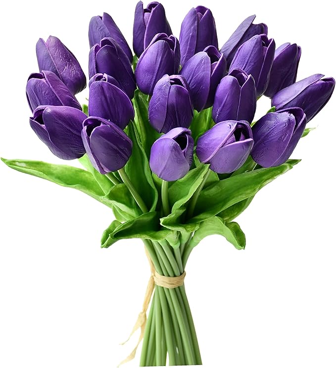 Mandy's Dark Purple Artificial Tulips Flowers Centerpiece, 13.5" Lifelike PU Fake Floral Stems 20pcs for Kitchen Island & Dining Table, Spring Decor for Easter