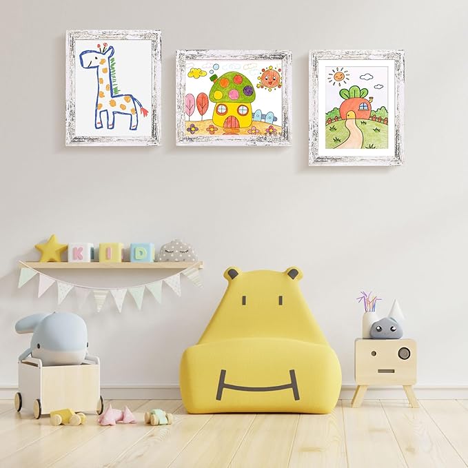 KINLINK 10x12.5 Kids Art Frame Set of 2, Solid Wood Kids Artwork Frames Changeable with Front Opening Hold 150 Pictures, Art Frames for Kids Art with Mat，without Mat 10x12.5 Picture Frame Rustic White