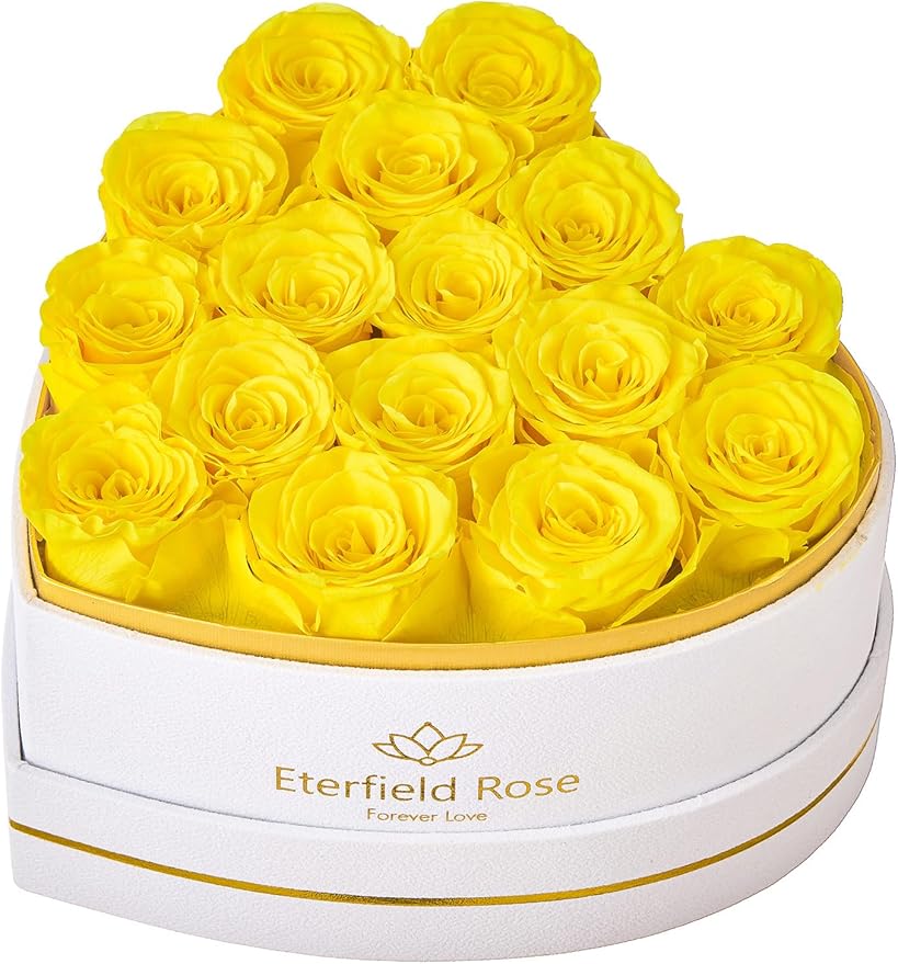Eterfield 16 Forever Flowers in Heart Shape Box, Preserved Roses That Last a Year Preserved Flowers Birthday Gifts for Her Mom Women Wife Anniversary Valentine's Day Mother's Day, Yellow