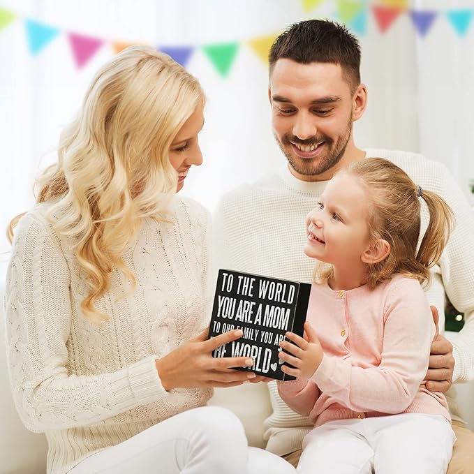 TJ.MOREE Birthday Gifts for Mom, Christmas Gift for Mother 6x6 Wood Box Sign “To the World You Are a Mom, But to Our Family You Are the World” Rustic Home Décor – Mother’s Day Gifts from Son, Daughter