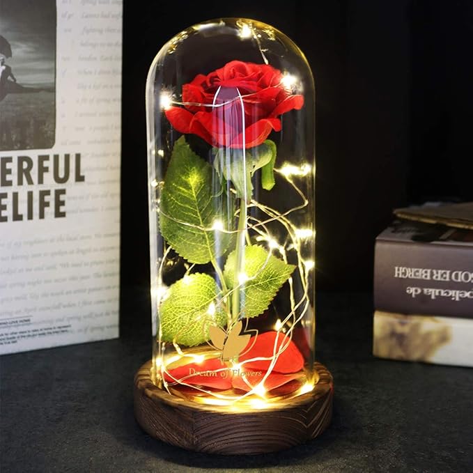 Beauty and The Beast Rose, Valentines Day Gifts for her, Birthday Gifts for Women, Red Rose for Mom Grandma, Eternal Rose in Glass Dome with LED Lights, Valentine Flowers Gift for Wife, or Girlfriend