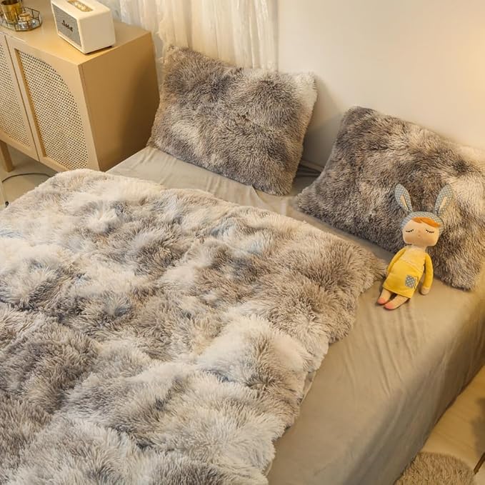 chovy Faux Fur Plush Tie-Dyed Black White Gray Colorful Comforter Sets Twin/Full Size - Ultra Soft Shaggy Flannel Velvet Fluffy Fuzzy 3PC Bedding Set (Comforter x 1 Pillowcases x 2)