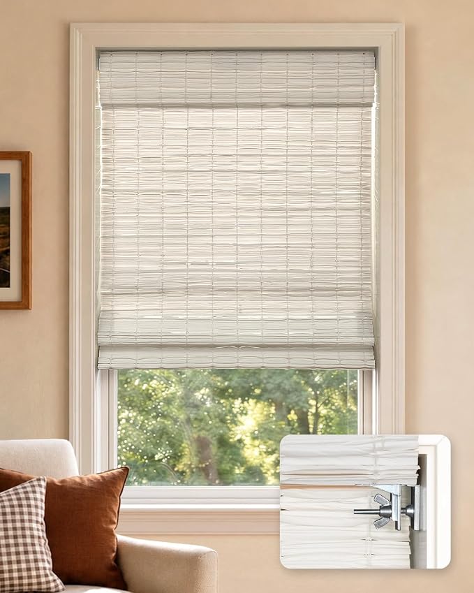 LazBlinds No Drill Cordless Roman Shades for Windows, Light Filtering Privacy Protection Thermal Insulation UV Blocking Natural Panama Weave Fabric Blinds for Windows, 25.5" W x 64" H, White