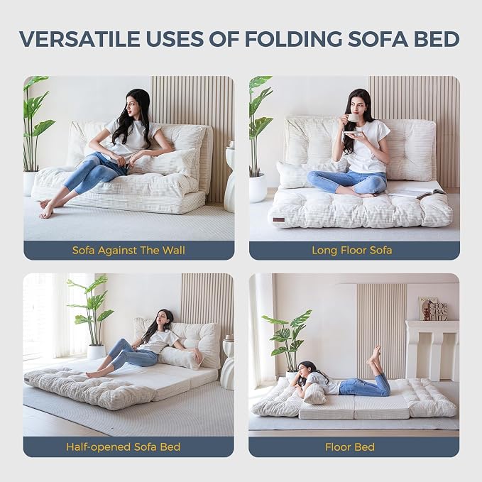 MAXYOYO Folding Sofa Bed, Tufted Bean Bag Bed with Pillows Floor Couch for Adults, Extra Thick and Long Floor Sofa, Twin Floor Couch Bed for Bedroom Living Room, Beige, 39x91 Inch