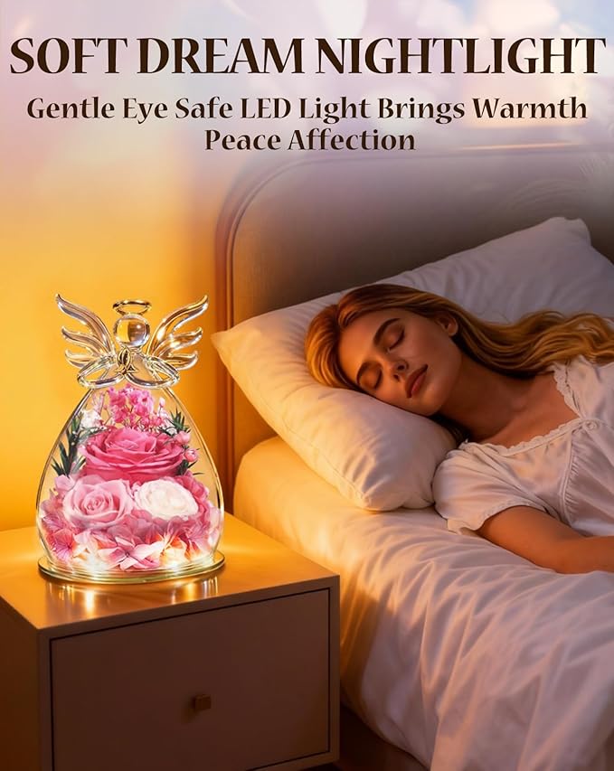 homeasy Roses Gifts for Women Birthday, Preserved Flowers Rose in Glass Angel Figurines, Forever Fresh Flowers for Delivery Gift Box with 3D Card for Wife Mom Her Grandma-Pink