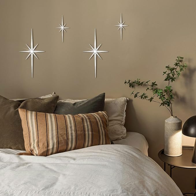 4 Pack Metal Star Wall Art 8 Pointed Starburst Wall Decor Set with 2 Large & 2 Small Pieces Mid Century Celestial Metal Wall Sculpture for Bedroom Living Room Office Gallery Wall