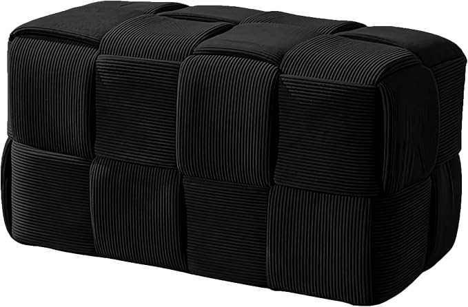 Cmishe 28" Rectangular Woven Corduroy Ottoman Footrest - Large Modern Entryway Bench & Bed End Stool, Sturdy Wood Frame, No Assembly (Black-L)