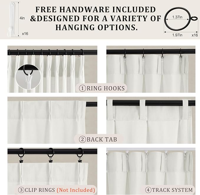 Pinch Pleated Linen Curtains 90 Inch, 2 Panels Premium 400GSM Memory Trained Semi Sheer Light Filtering Window Drapes for Living Room Bedroom Dining, Back Tab & Adjustable Hooks Rings , Natural White