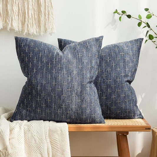 MIULEE Pack of 2 Decorative Burlap Linen Throw Pillow Covers Modern Farmhouse Vintage Pillowcase Rustic Woven Textured Cushion Cover for Sofa Couch Bed 18x18 Inch Blue