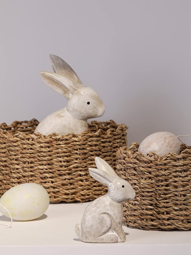 DN DECONATION Wooden Antique White 3D Bunny Rabbit Figurines for Spring Easter Decor Gift Set of 2